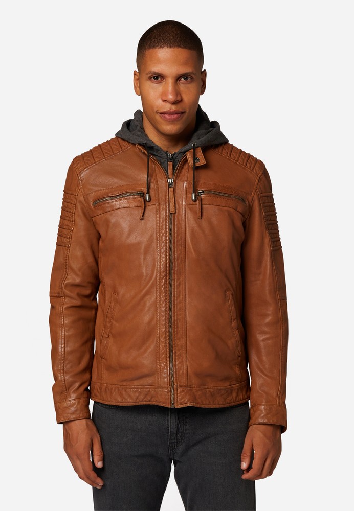 Men's Leather Jacket 12815 Hood, Cognac Brown in 3 colors, Bild 1