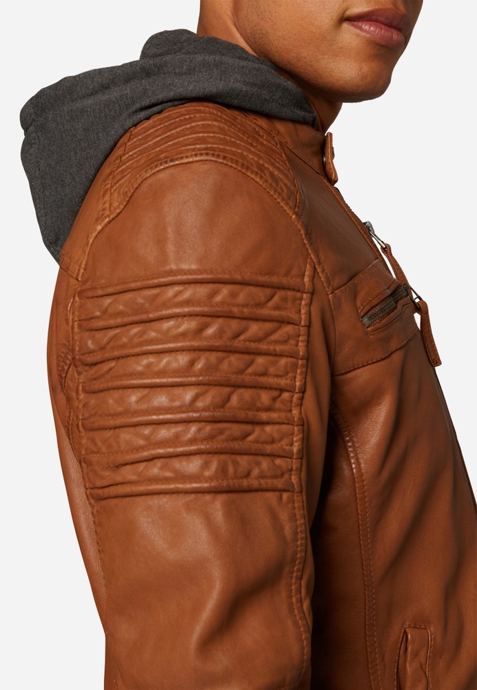 Men's Leather Jacket 12815 Hood, Cognac Brown in 3 colors, Bild 4