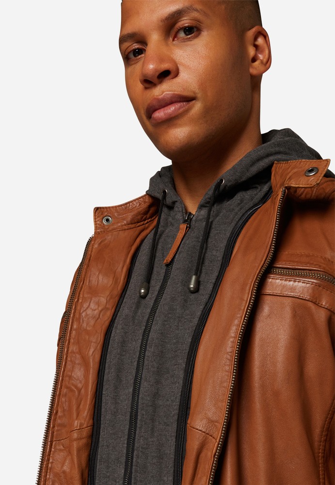 Men's Leather Jacket 12815 Hood, Cognac Brown in 3 colors, Bild 5