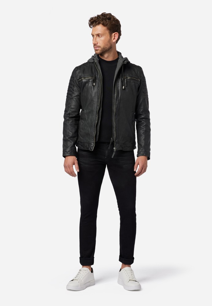 Men's leather jacket 12815 Hood, black in 3 colors, Bild 2