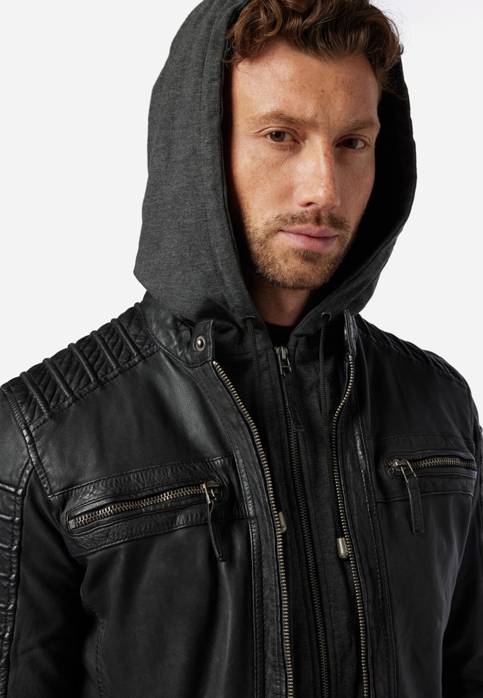 Men's leather jacket 12815 Hood, black in 3 colors, Bild 5
