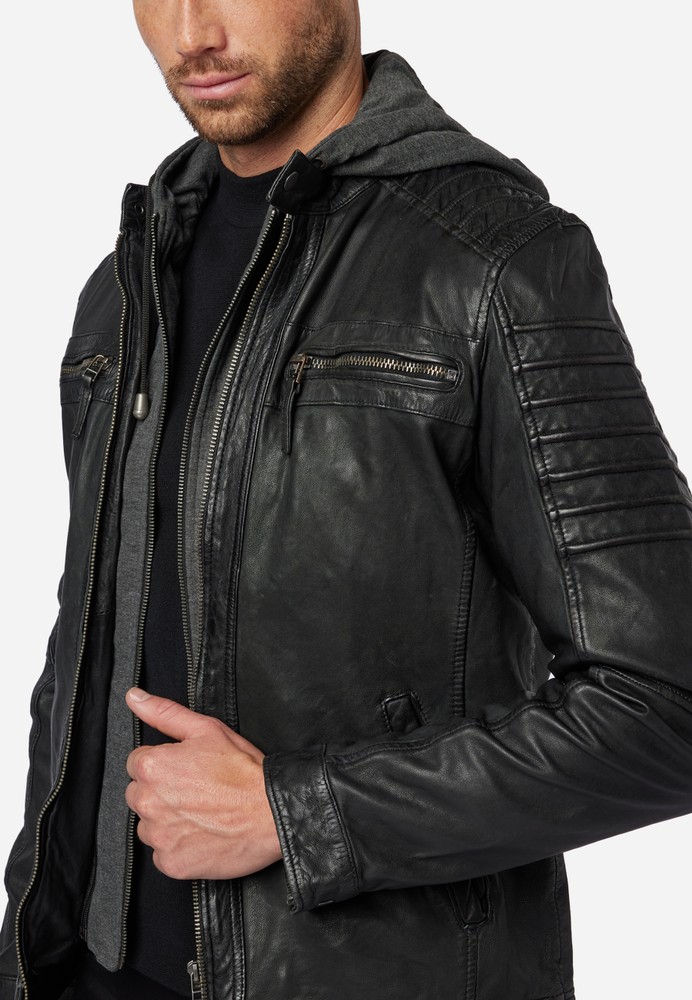Men's leather jacket 12815 Hood, black in 3 colors, Bild 4