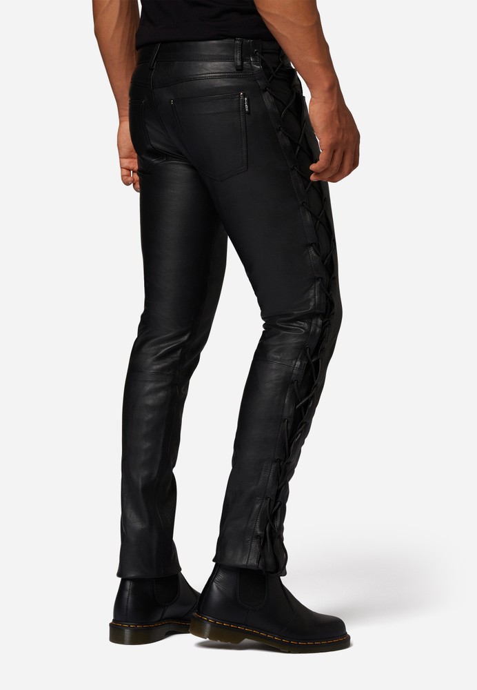 Men's leather pants Cow Waxy (laced), Black in 2 colors, Bild 3