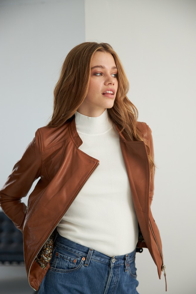 Ladies leather jacket Rylee Biker, Cognac in 5 colors, Bild 3