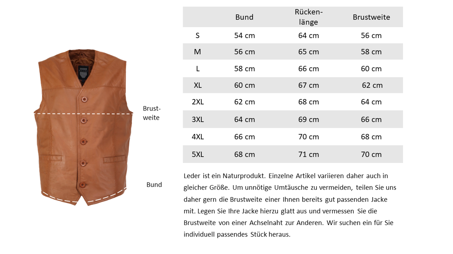 Men's leather vest Vest 321, Cognac (smooth leather) in 6 colors, Bild 4